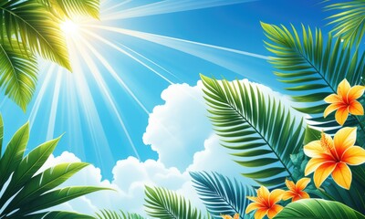 Tropical paradise: sunlit sky, palm leaves, and vibrant hibiscus blossoms