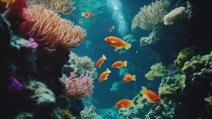 Fototapeta premium 92.92. A coral reef being explored by divers, with bright tropical fish swimming through vibrant coral formations.