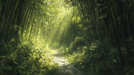 Obraz premium 56.A dense bamboo forest with sunlight streaming through the tall, green stalks and a small trail winding through.