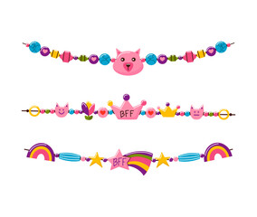 Friendship bracelet vector set. Handmade jewelry. Doodle illustration. 
