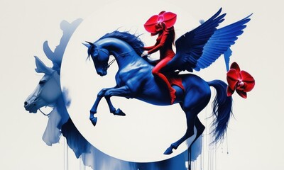 Surreal blue pegasus with red rider and orchids in abstract dreamscape