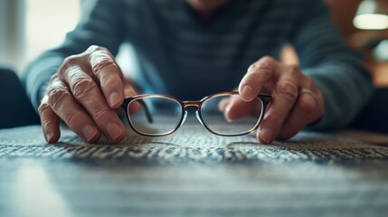 Dementia symptoms in a senior person searching for their glasses on a coffee table. Featuring forgetfulness and frustration