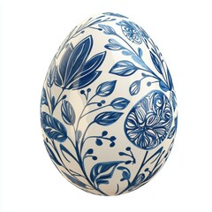 Easter egg with high-gloss ceramic and intricate blue patterns isolated on white background
