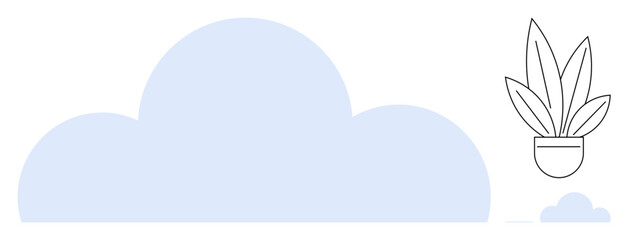 Large blue cloud next to a house plant in a pot with a smaller cloud accent. Ideal for sustainability, technology, cloud computing, growth, environmental awareness, digital transformation, health