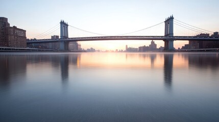 Fototapeta premium Sunrise over Manhattan Bridge, calm river reflection, city skyline