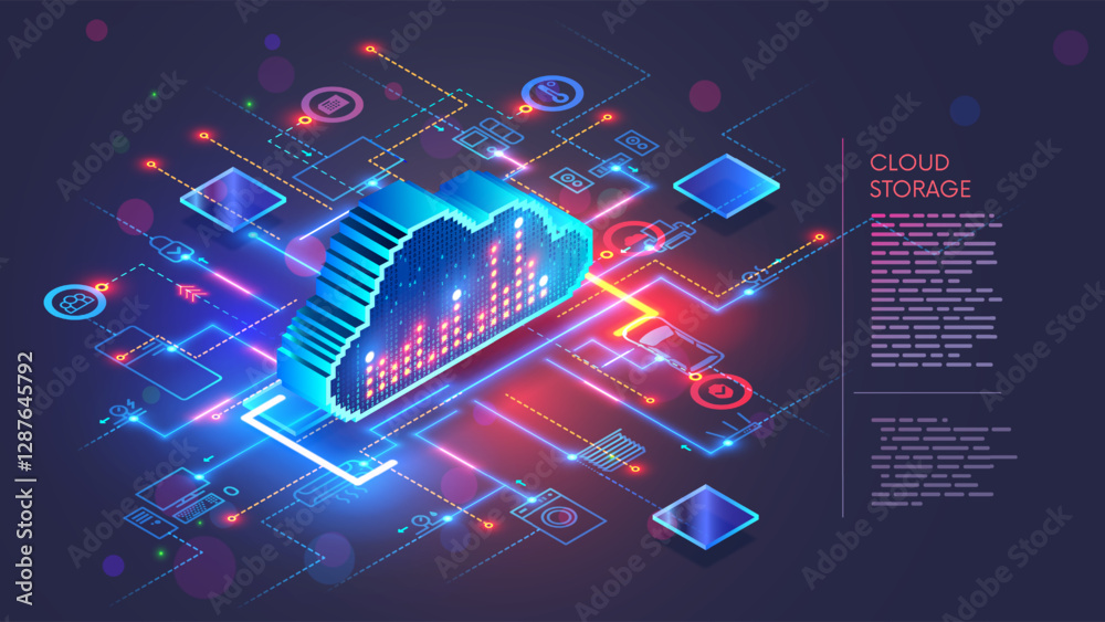 Fototapete Cloud storage for IOT smart home. Internet of Things smart home system. The cloud storage is synchronized with smart home system. Isometric concept of Cloud computing. IOT icons of devices connection.