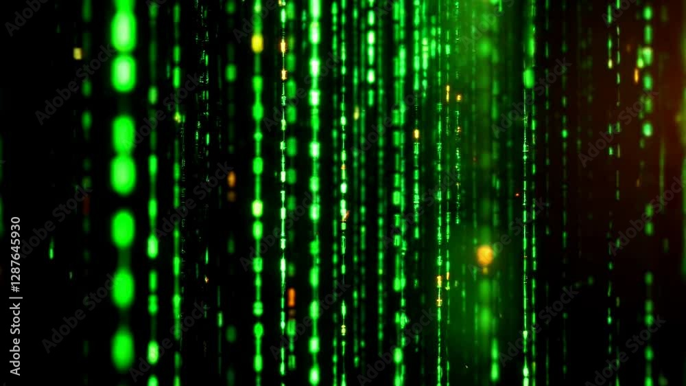 Fototapete Dynamic green matrix code falling with flickering light effect in a digital scifi environment