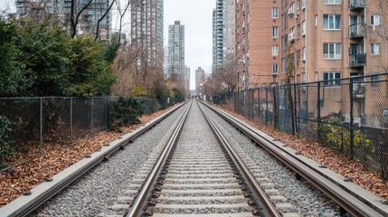 Fototapeta premium City train tracks perspective, urban landscape, empty railway, winter day