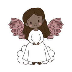 Cheerful Beautiful Cute Winged Little Girl Angel Cartoon Character on Cloud in the Sky