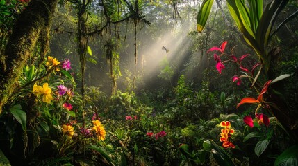 Obraz premium 48.A remote rainforest clearing with vibrant orchids, colorful birds, and a soft beam of sunlight shining through the trees.