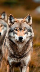 Fototapeta premium Rewilding Trends A majestic wolf pack roaming freely in a rewilded grassland, showing the success of modern conservation efforts