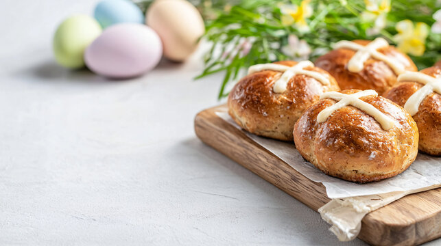 hot cross buns freshly baked, resting on a rustic wooden board surrounded by pastel eggs