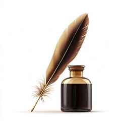 Feather quill and ink bottle isolated on white background