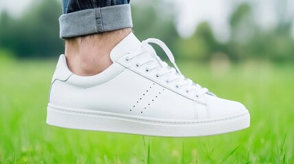 Man's white sneaker on grass, outdoor