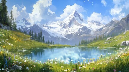 Fototapeta premium 3.A serene mountain landscape with snow-capped peaks, a crystal-clear lake reflecting the sky, and wildflowers dotting the grassy slopes.