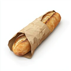 French baguette wrapped in brown paper isolated on white background