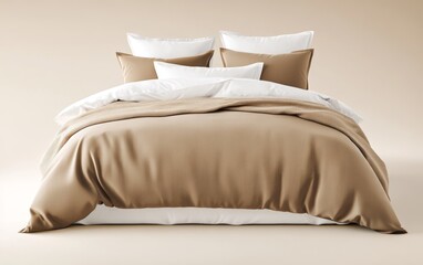 Cozy and inviting bed setup with neutral tones, showcasing pillows and blankets in a serene setting