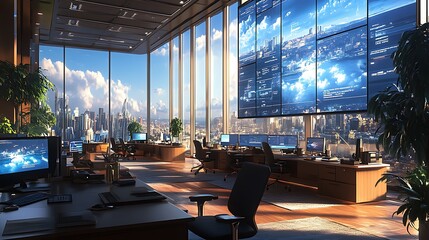 A sophisticated call center catering to luxury clientele, spacious open-concept office with minimalist decor, agents using top-tier wireless headsets,