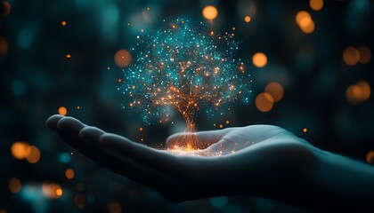 Digital tree in hand, bokeh background