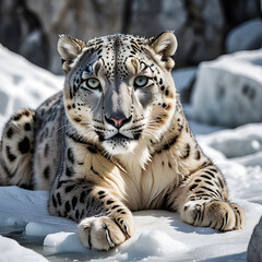Fototapeta premium snow leopard slipping on melting glaciers, its fur matted and ribs visible