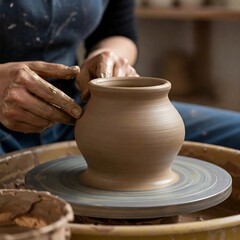 hands shaping a spinning clay pot on a pottery wheel, illustrating skilled craftsmanship and patience.