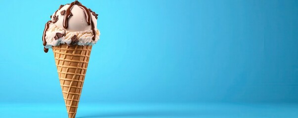A delicious ice cream cone topped with chocolate sauce against a vibrant blue background.