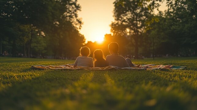 Family picnicking in park at sunset