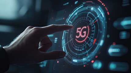 Futuristic 5G Technology Interface Hand Interacting with Holographic Display
