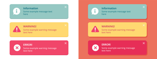 Notifications notice ui interface windows error warning information pop up text elements vector graphic modern set, yellow red blue push messages reminders popup alert web software mockup template
