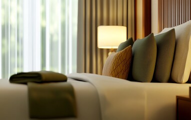 Cozy hotel room with neatly arranged pillows and a soft blanket on a bed, natural light filtering through curtains