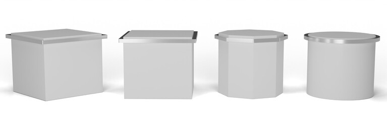 Platforms or catwalks, empty museum stages with abstract geometric shapes