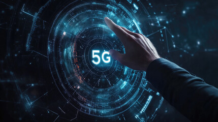 5G Technology Futuristic Interface Design, Hand Interacting with Network