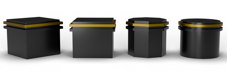 Platforms or catwalks, empty museum stages with abstract geometric shapes