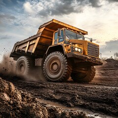 Obraz premium Hauling dirt with a powerful dump truck, muddy terrain, action shot