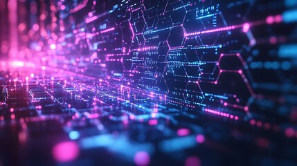 Obraz premium A digital honeycomb grid visualizing economic data, neon hexagons glowing with blue, purple, and pink light, futuristic and abstract, sharp lines and smooth transitions,