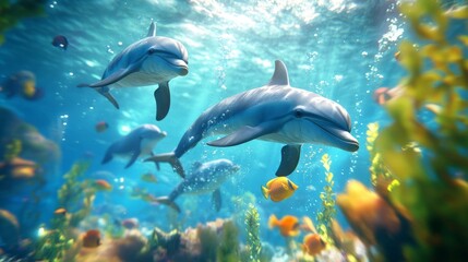 Fototapeta premium 12.A vibrant underwater scene with a school of dolphins swimming playfully among seaweed and tropical fish in crystal-clear water.