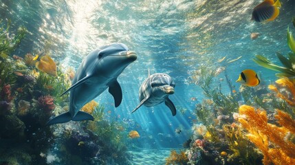 Fototapeta premium 12.A vibrant underwater scene with a school of dolphins swimming playfully among seaweed and tropical fish in crystal-clear water.