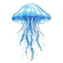 Naklejka premium A luminous blue jellyfish with flowing tentacles and a rounded bell, showcasing intricate details and a mesmerizing glow. isolated on white background.
