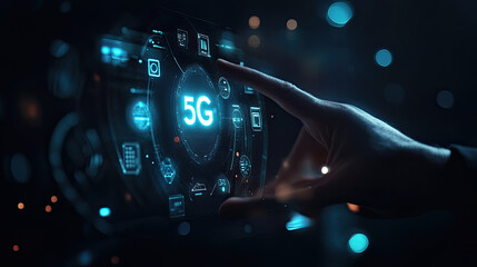 Futuristic 5G Technology Interface Hand Interacting with Holographic Display