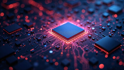 Close-up of an illuminated processor on a circuit board, signifying advanced technology