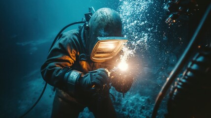 Deep Sea Diver in Action with Welding Torch Beneath Ocean Waves
