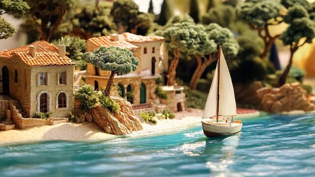 A beautifully crafted miniature diorama featuring a charming Mediterranean-style villa on a sandy shore, surrounded by lush trees and rocky cliffs. A small sailboat with tiny figures glides 