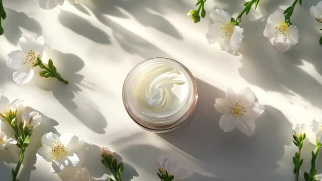 A beautifully arranged composition featuring a jar of rich, white skincare cream surrounded by delicate white flowers on a soft, light background. Natural sunlight casts artistic shadows