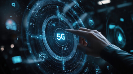 Futuristic 5G Technology Interface Hand Interacting with Digital Network