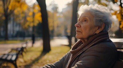 Dementia symptoms in a senior person sitting in a park, unable to recognize familiar faces. Featuring confusion and emotional distress