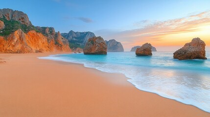 Sunrise over coastal beach with rocks