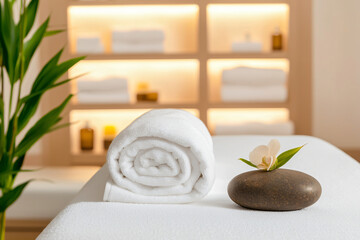 a luxury spa treatment room with white towels and a delicate stone sculpture,
