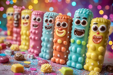 Colorful candy sticks with faces in a vibrant and playful bokeh background