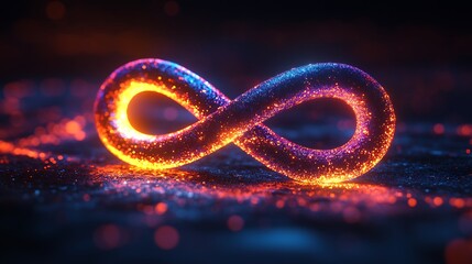A futuristic infinity symbol glowing with vibrant neon gradients, smooth flowing curves representing perpetual trade, scattered luminous nodes along the loop, dark minimalistic background,