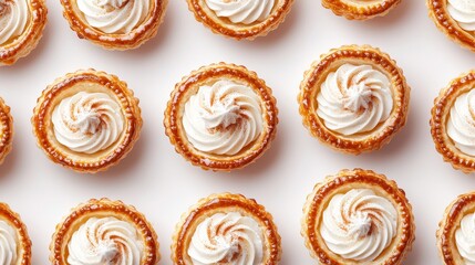 Artistic display of mini buttermilk pies topped with a small amount of spiced whipped cream, arranged in a festive pattern, bright tone, isolated on white background